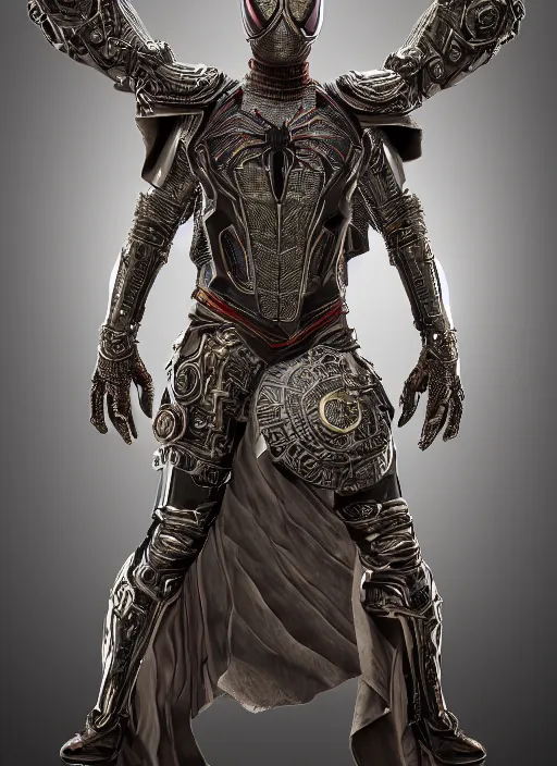 Image similar to hyper realistic glorious ancient celtic spiderman in a obsidian metal armor, futuristic design, designed by makoto kobayashi and luca zampriolo, portrait, cyberpunk style, wood and gold details, intricate, extremely detailed, ornate, deep of field, hard surface, exoskeleton, substance designer metal unreal engine. amazing likeness. very detailed.