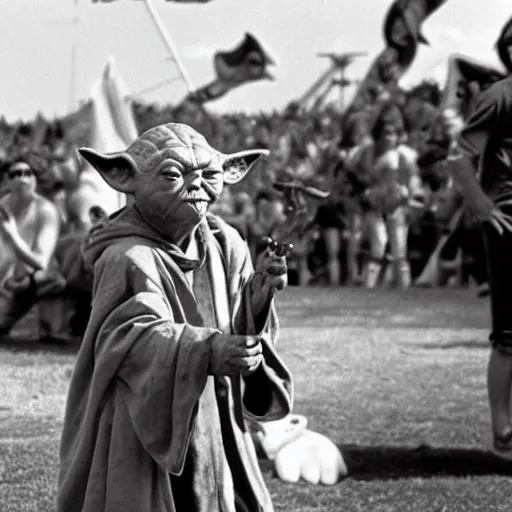 Image similar to yoda performing at woodstock