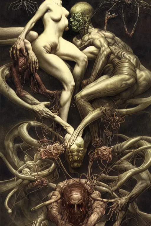 Image similar to entanglement in the style of wayne barlowe, gustav moreau, goward, bussiere, roberto ferri, santiago caruso, luis ricardo falero, austin osman spare, dali