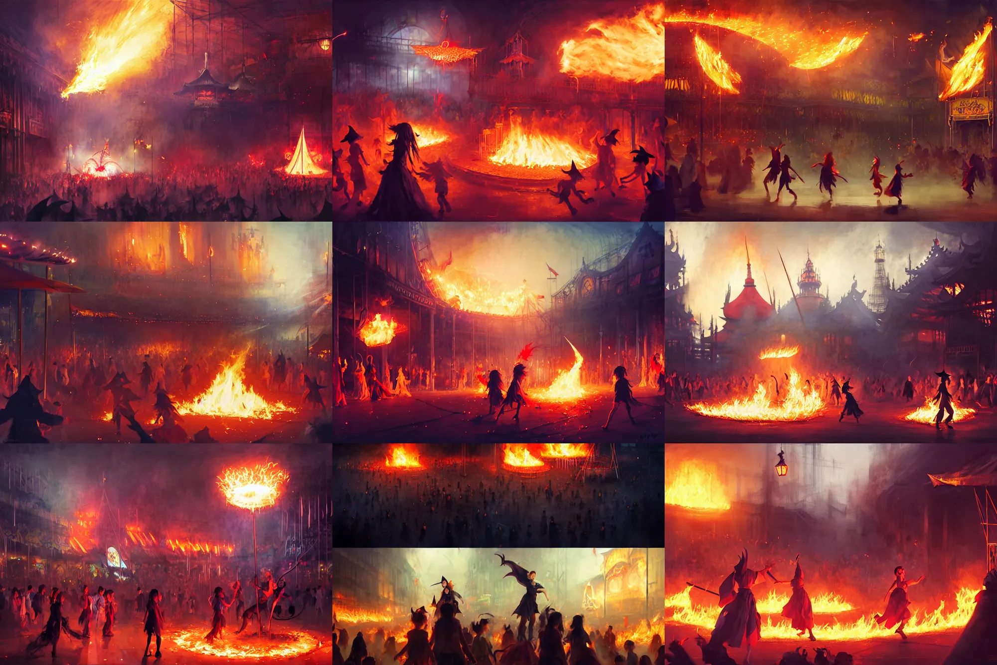 Prompt: young student witches running through small carnival amusement on fire, sorcerer dark evil wizard attack battle, inferno flames, food stalls, big top circus tent, roaming entertainers, flashing lights, highly detailed, magical, japan mountains, digital painting, concept art, matte, art by ruan jia and wlop and greg rutkowski and makoto shinkai, masterpiece