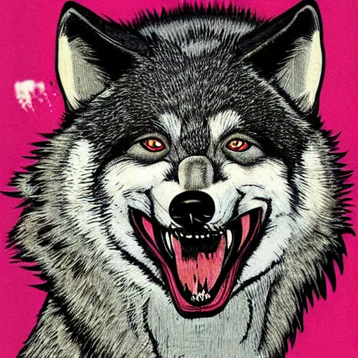 Image similar to portrait of retarded wolf, retard, rabies propaganda style, vivid colors, detailed