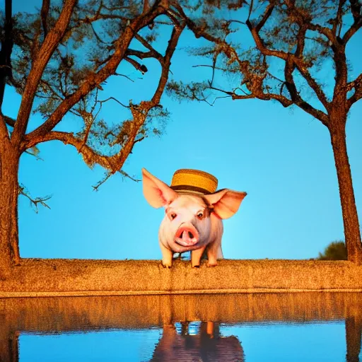 Prompt: a pig wearing a straw hat at blue hour, twilight, cool, award winning 4 k photo