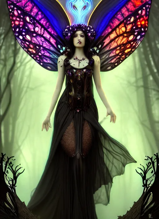 Image similar to stunningly beautiful female dark faerie priestess in amanita muscaria forest landscape, symmetrical wings on back, neon hair, fantasy art, wearing a dress of gossamer black, inner glow, illustration, dramatic lighting, soft details, painting, art nouveau, octane render, 8 k, hd, by edmund blair leighton, brom, charlie bowater, faces by otto schmidt