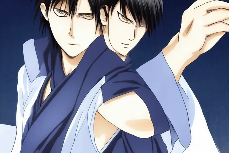 Image similar to A handsome man，Black short hair, blue eyes, Hijikata Toushirou of Gintama