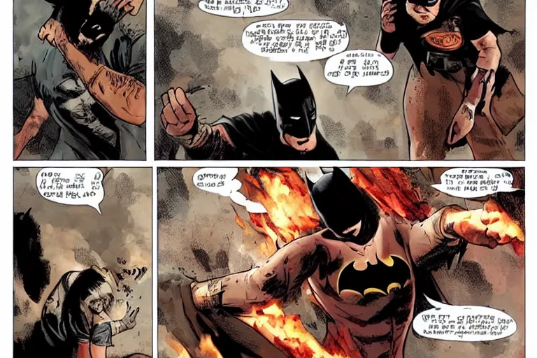 Prompt: drunk dirtbag picking a fight with bar patrons while on fire, fantasy, grungy, batman