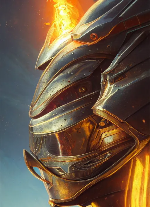 Image similar to highly detailed portrait of reflection of dragonfire on shiny knight helmet, raytracing, fantasy art by by simon bisley, loish, rhads, ferdinand knab, makoto shinkai and lois van baarle, ilya kuvshinov, rossdraws, tom bagshaw, global illumination, radiant light, detailed and intricate environment