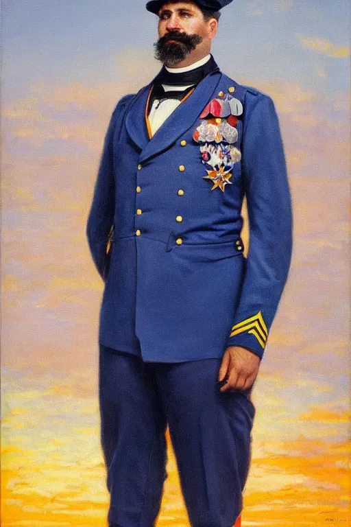 Image similar to full body portrait of the dictator of the oklahoma city thunder, 1 8 8 9, in full military garb, thunder blue, sunset, navy blue, oil on canvas by william sidney mount, trending on artstation