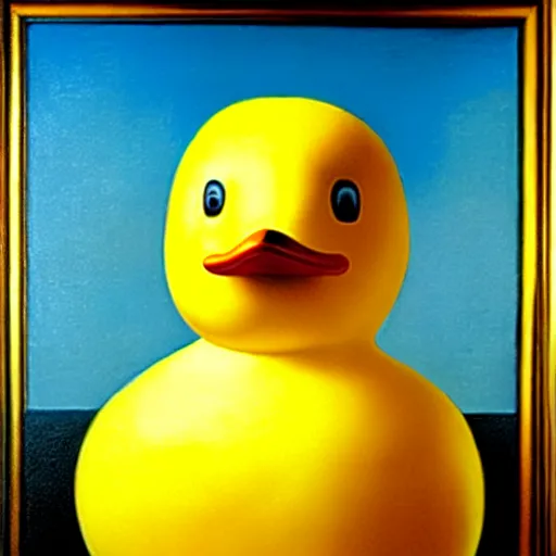 Image similar to portrait of a yellow rubber duck by rene magritte, oil on canvas.