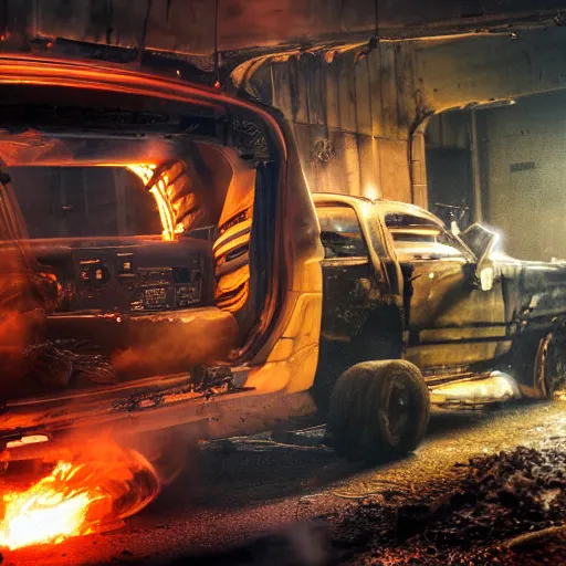 Image similar to overcharging toaster oven, tangles of metallic cables, dark messy smoke - filled cluttered workshop, dark, dramatic lighting, orange tint, sparks, plasma charges, cinematic, highly detailed, sci - fi, futuristic, movie still