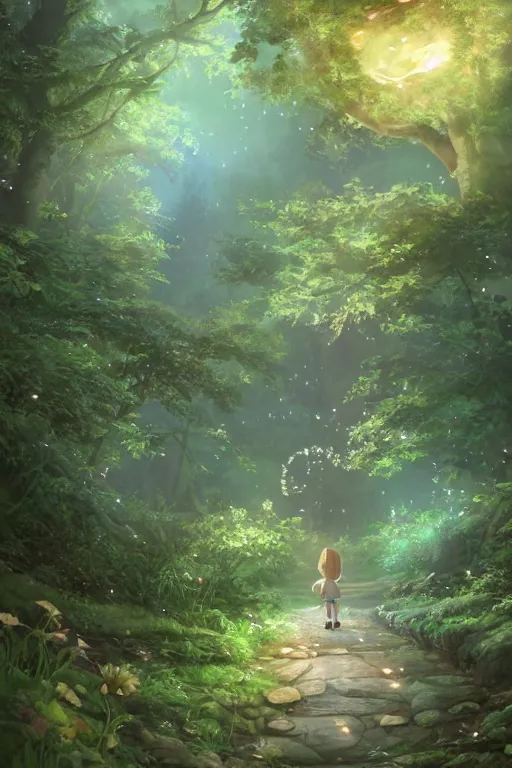 Image similar to forest path, fairy, beautiful ancient trees, hiding large treasure chest, glowing fireflies, serene evening atmosphere, soft lens, soft light, cel - shading, animation, in the style of cgsociety, deviantart, artstation, zbrush, cinema 4 d, studio ghibli, akihiko yoshida, atelier lulua, masamune shirow