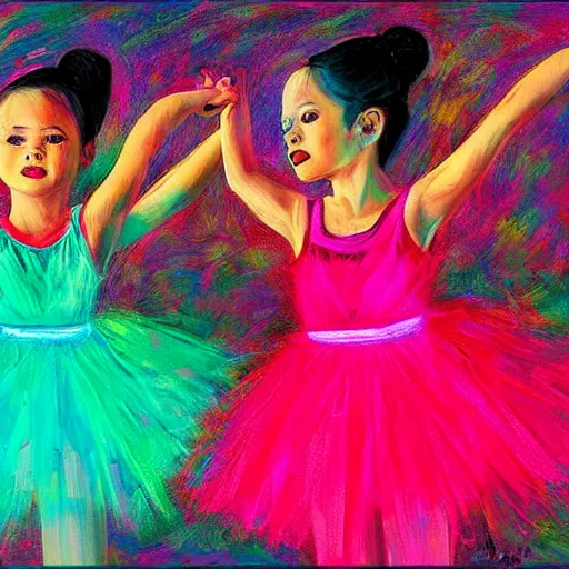 Prompt: three ballerinas in glowing tutus on a dark stage, lowbrow, in the style of camille rose garcia and lilia alvarado, 8 k,