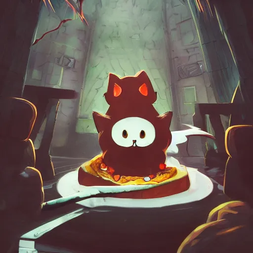 Image similar to a scared cat running away from the giant carnivorous sandwich, artstation hq, dark phantasy, stylized, symmetry, modeled lighting, detailed, expressive, true unsimulated emotions, created by hayao miyazaki