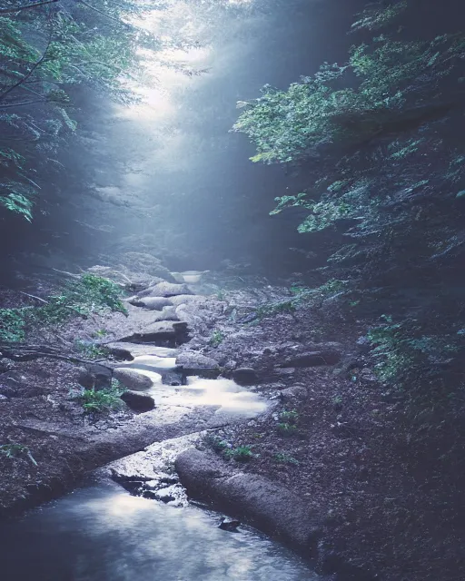 Image similar to a gently flowing stream in the middle of a japanese forest at night, dark and dim lighting, beautiful, tranquil, moody, cinematic, fantasy, 3 5 mm lens, volumetric lighting, first person view, photographic render, hyper realistic