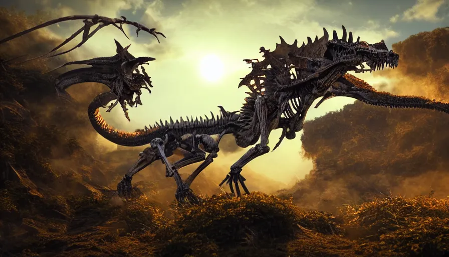 Image similar to hyper realistic highly detailed nature photography of a skeleton dragon, prehistoric planet, volumetric lighting, octane render, 4 k resolution, golden hour