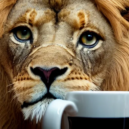 Prompt: a tiny lion peeking his head out of a coffee mug, close up shot.