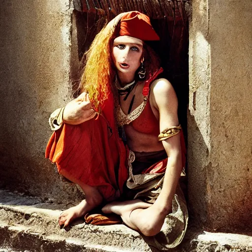 Image similar to beautiful 1 9 th century barbary coast pirate female models with ginger hair and golden hooped earrings photography by steve mccurry