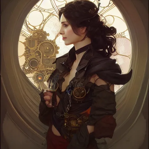 Image similar to photograpic portrait of a pretty woman, steampunk, fantasy, intricate, elegant, highly detailed, digital painting, artstation, concept art, smooth, sharp focus, illustration, art by artgerm and greg rutkowski and alphonse mucha