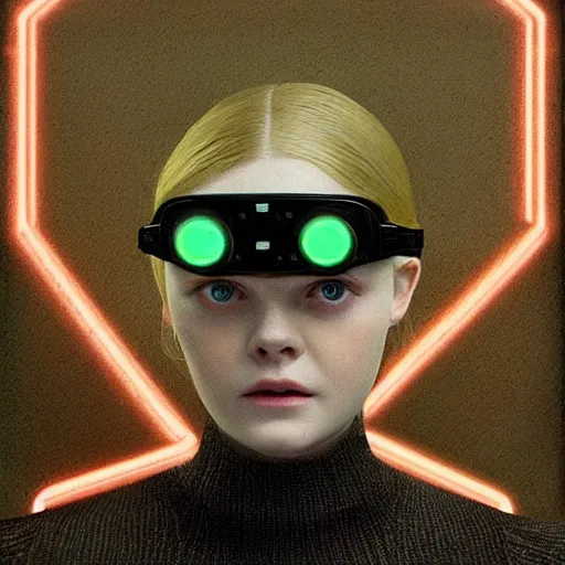 Image similar to Elle Fanning wearing a night vision goggles in the style of Paola Vetri, head and shoulders portrait, stormy weather, extremely detailed masterpiece, oil on canvas, low-key neon lighting, artstation, Blade Runner 2049, Roger Deakin’s cinematography, by J. C. Leyendecker and Peter Paul Rubens and Edward Hopper and Michael Sowa,