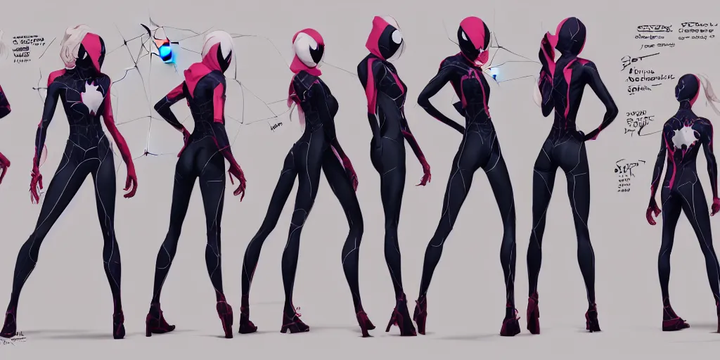 Image similar to spider gwen, character sheet, concept design, contrast, kim jung gi, greg rutkowski, zabrocki, karlkka, jayison devadas, trending on artstation, 8 k, ultra wide angle, pincushion lens effect