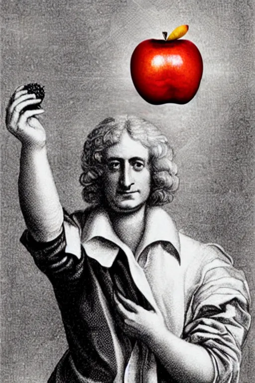 Image similar to isaac newton holding an apple, collage