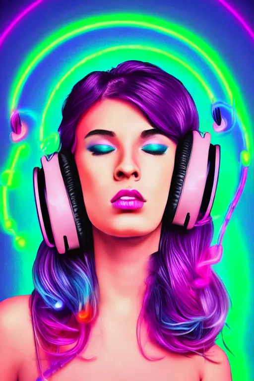 Image similar to a award winning half body portrait of a beautiful woman with stunning eyes in a croptop and cargo pants with ombre purple pink teal hairstyle dancing while listening to music with headphones on her ears by thomas danthony, surrounded by whirling illuminated lines, outrun, vaporware, shaded flat illustration, digital art, trending on artstation, highly detailed, fine detail, intricate