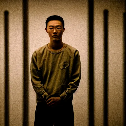 Image similar to an portrait of justin sun in prison looking through the bars of his cell, by annie leibovitz, shallow depth of field, cinematic lighting