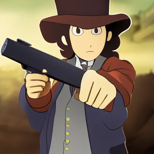 Prompt: professor layton as a real person holding a gun, 4k photograph, extreme low angle, longshot, fast shutter speed, backlighting, in the style of james bind