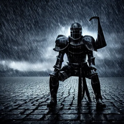 Image similar to dark armor knight in a thunderstorm, epic scene, cinematic, ultra photorealistic, 8k,