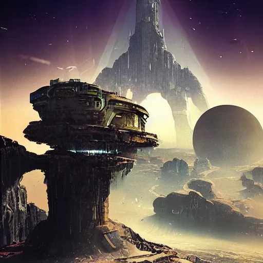 Image similar to The lonely ruined tower on the asteroid in the abyss of space, cyberpunk