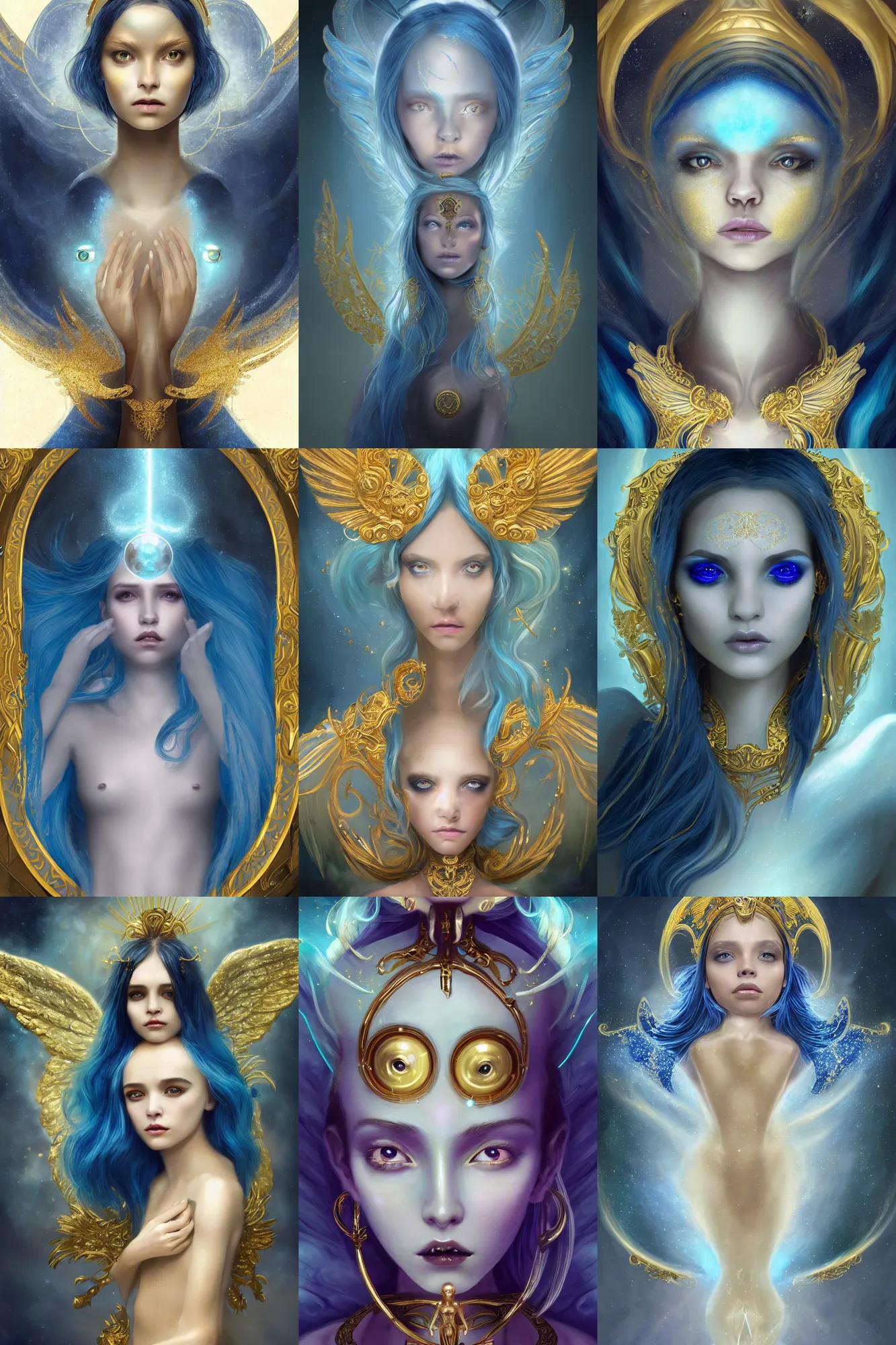 Prompt: a muse of beauty, a Young girl alien steampuck angel with gold and white skin , blue color, hair made of gold, face by wlop, face by Charlie Bowater + golden ratio, symmetric, elegant, ornate, luxury, elite, matte painting, magical, cinematic, cgsociety, 8k, high resolution,