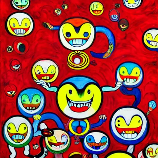 Image similar to Three bright red demons flying up from a desert canyon in the style of Takashi Murakami, highly detailed