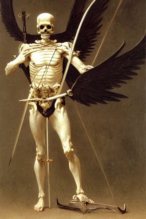 Image similar to portrait of a skeleton archer with big sword, wearing helmets and armor with wings, symmetrical, solemn, sacred, aura, by bouguereau