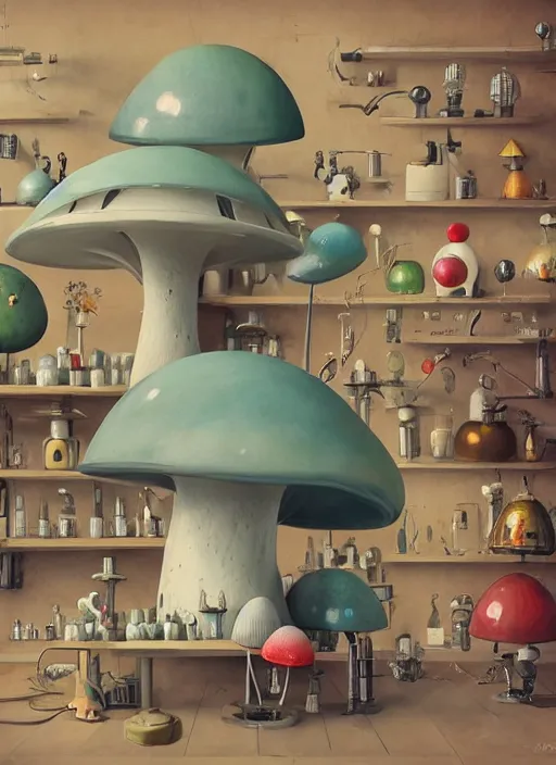 Image similar to a lively and whimsical apothecary where chrome robots shop grows from the stalk of a giant mushroom, cgsociety, siggraph, dystopian scifi, concept art, set design, oleg oprisco, conrad roset, anka zhuravleva, gediminas pranckevicius