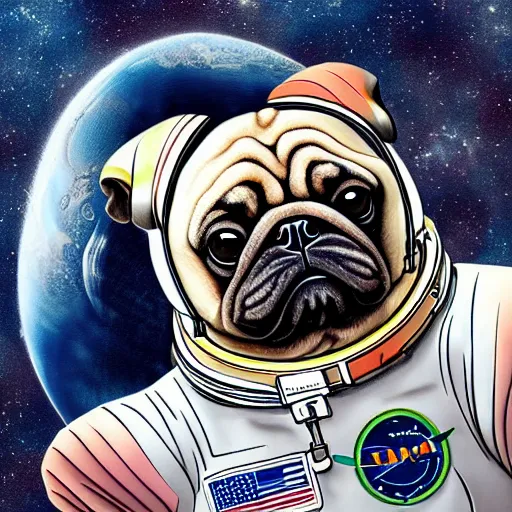 Image similar to hyper realistic, highly detailed, astronaut pug in space.