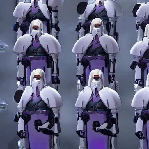 Image similar to troop jack black clones with white bob hairdos, tight light blue and lavender neopren suits, futuristic cloning facility, sci - fi, highly detailed, cinematic