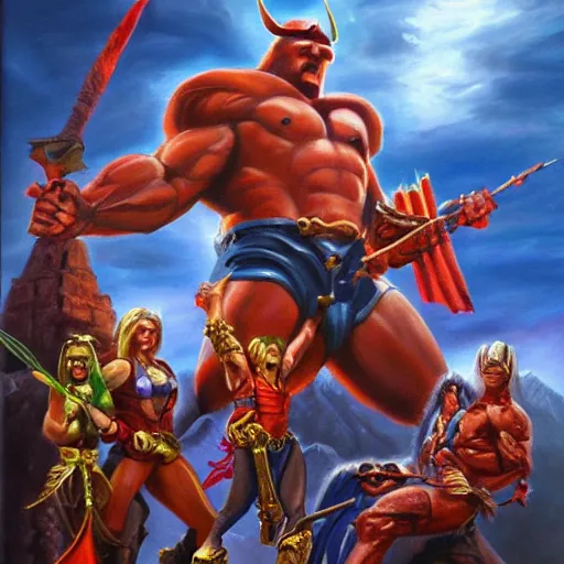 Image similar to masters of the universe, highly detailed oil painting