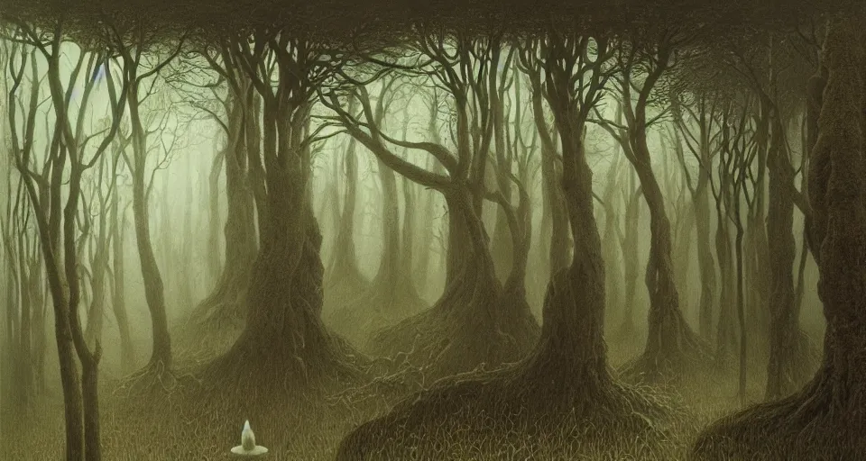 Image similar to Enchanted and magic forest, by Zdzisław Beksiński