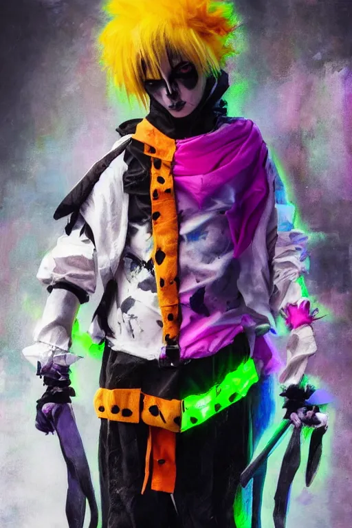 Prompt: a character wearing a diy costume, with fluo colored details, muted colors, full body, gothic, satoshi con, hyper real painting