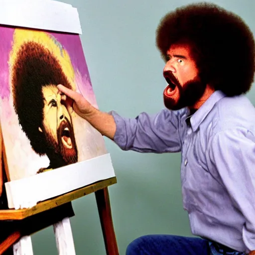 Prompt: bob ross screaming at his painting