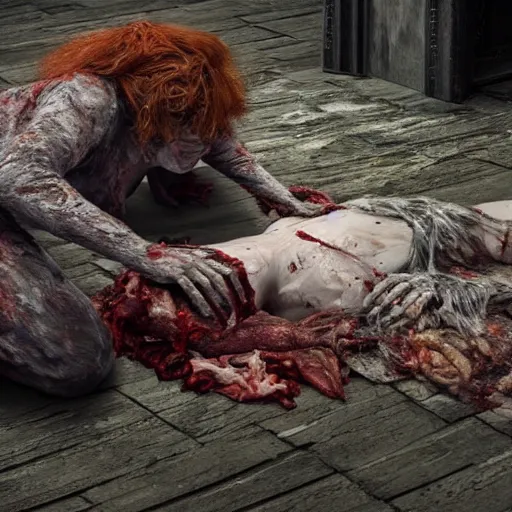 Prompt: an ultra realistic 8 k hdr photo of an elderly jagged raggedy witch woman circled up on the floor over a corpse with blood and meat and bones and mold and spider webs