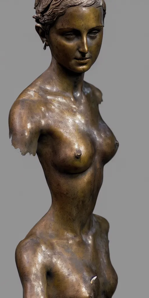 Prompt: detailed photo of an old bronze patina statue of cute nathalie portman, full body portrait, various classical pose, photorealism, intricate detail, museum diffuse lighting