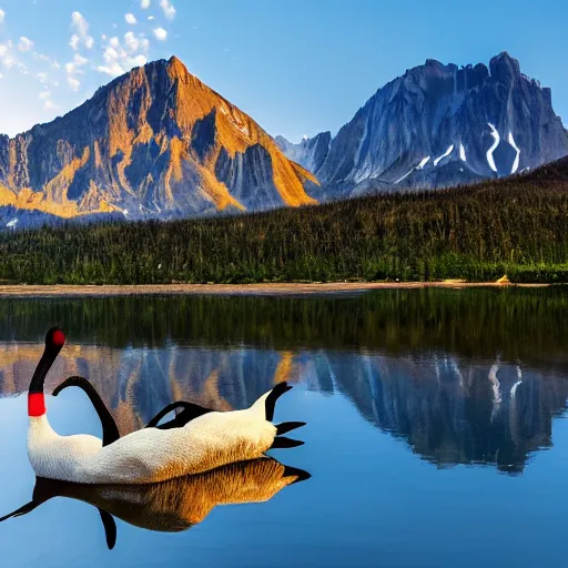 Image similar to photo of two black swans swimming in a beautiful reflective mountain lake, touching heads, forming a heart with their necks, a colorful hot air balloon is flying above the swans, hot air balloon, intricate, 8k highly professionally detailed, HDR, CGsociety