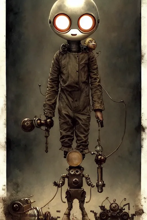 Prompt: kid robot toy design | esoteric symbolism | jean - baptiste monge, esao andrews, bastien lecouffe - deharme, tim jacobus, ken currie | ultra - detailed realism, soft cinematic lighting, hi - fructose, artstation, high - quality, ink watercolors wes anderson poster art