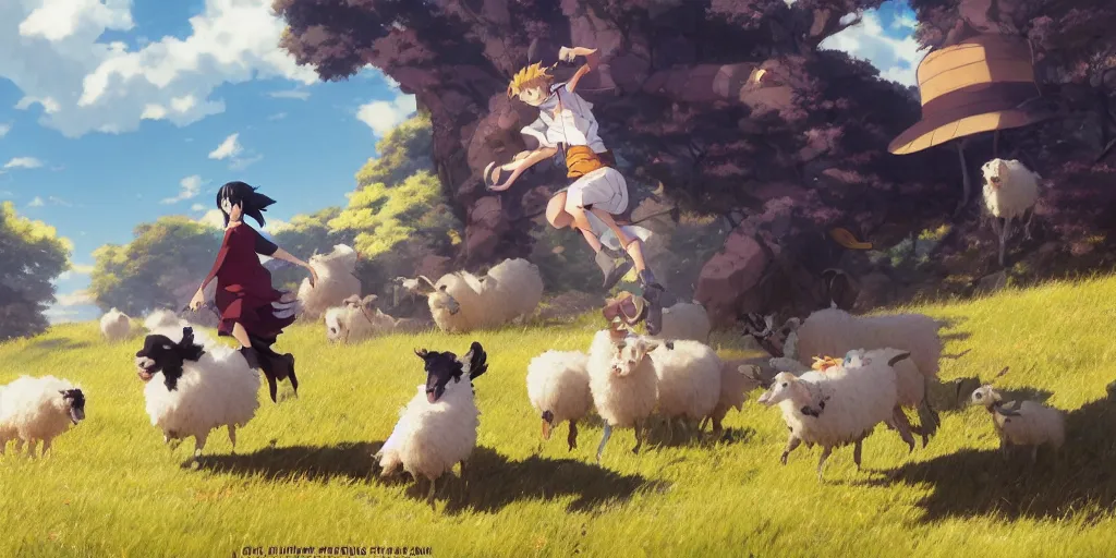 Image similar to border collie chasing sheep on feld nime key visual of luffy studio lit directed gaze, trending on pixiv fanbox, painted by greg rutkowski makoto shinkai takashi takeuchi studio ghibli