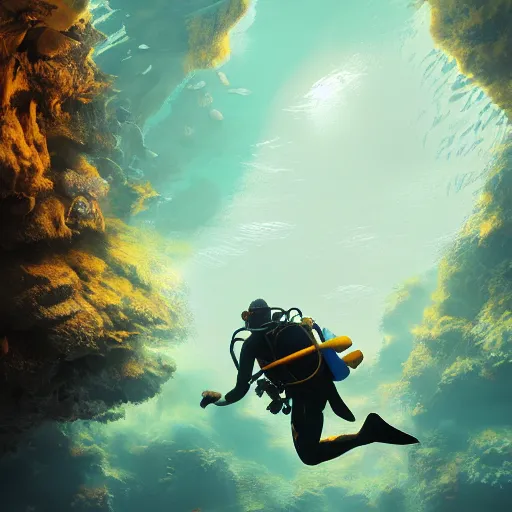 Prompt: scuba diver underwater, beautiful dynamic lighting, cinematic, wide angle establishing shot, extremely high detail, photo realistic, cinematic lighting, post processed, concept art, artstation, matte painting, style by frederic church, raphael lacoste, unreal engine 8k