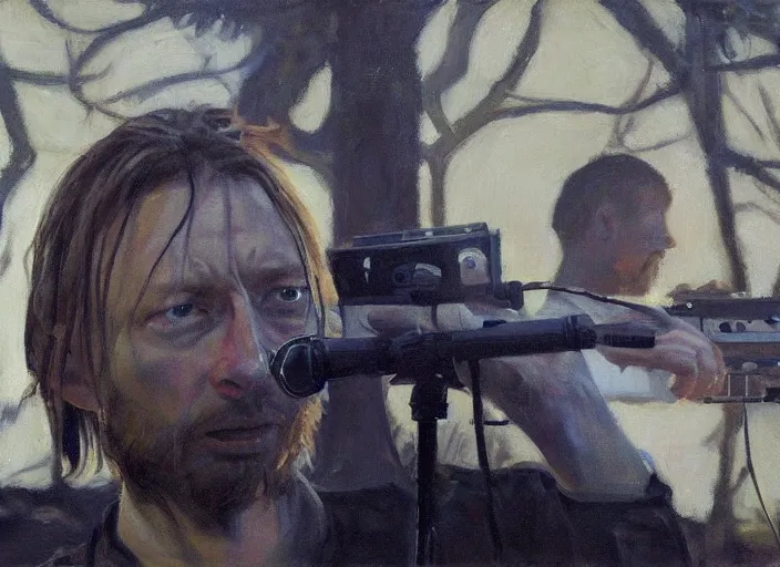 Image similar to a highly detailed beautiful portrait of thom yorke shooting, by gregory manchess, james gurney, james jean