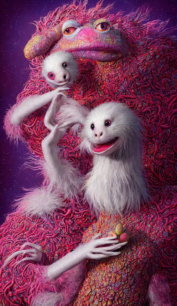 Image similar to hyper detailed 3d render like a Oil painting - kawaii portrait Aurora (a beautiful skeksis white muppet ferret queen from dark crystal that looks like Anya Taylor-Joy) seen red carpet photoshoot in UVIVF posing in scaly dress to Eat of the Strangling network of yellowcake aerochrome and milky Fruit and His delicate Hands hold of gossamer polyp blossoms bring iridescent fungal flowers whose spores black the foolish stars by Jacek Yerka, Ilya Kuvshinov, Mariusz Lewandowski, Houdini algorithmic generative render, Abstract brush strokes, Masterpiece, Edward Hopper and James Gilleard, Zdzislaw Beksinski, Mark Ryden, Wolfgang Lettl, hints of Yayoi Kasuma, octane render, 8k