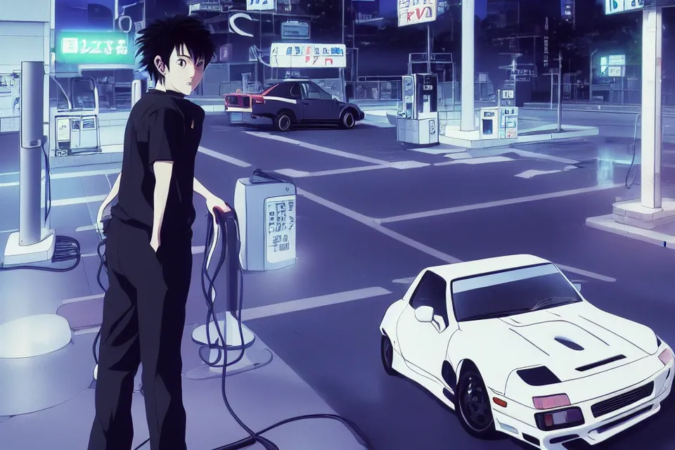 Image similar to aesthetic illustration of very serious ryosuke takahashi with black hair wearing a dark blue shirt and white pants stands leaning with one leg on his white mazda rx 7 on an empty gas station at dusk, initial d anime 1 0 8 0 p, detailed anime face, high detail, 9 0 s anime aesthetic, volumetric lights, unreal engine 5 render, pinterest wallpaper,