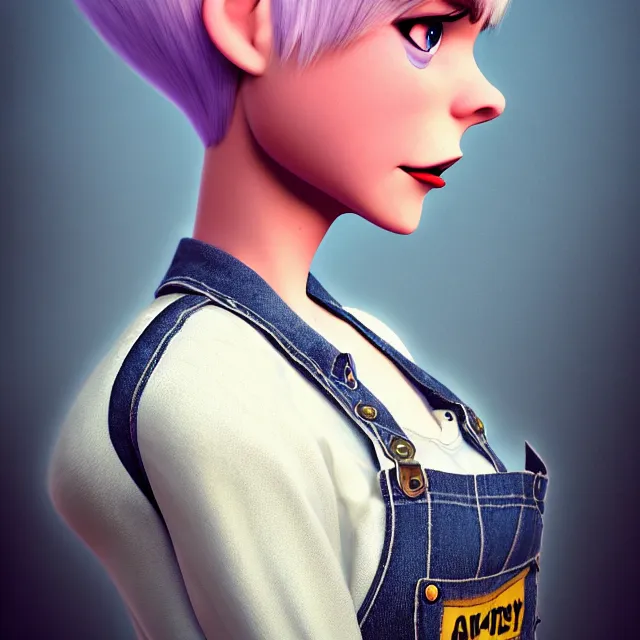 Image similar to full body pose, beautiful adult book fairy, pixar, short white hair shaved sides, dirty, grungy, grunge, long sleeve, painted overalls, stacks of giant books, highly detailed, 4 k, hdr, smooth, sharp focus, high resolution, award - winning photo, artgerm, photorealistic