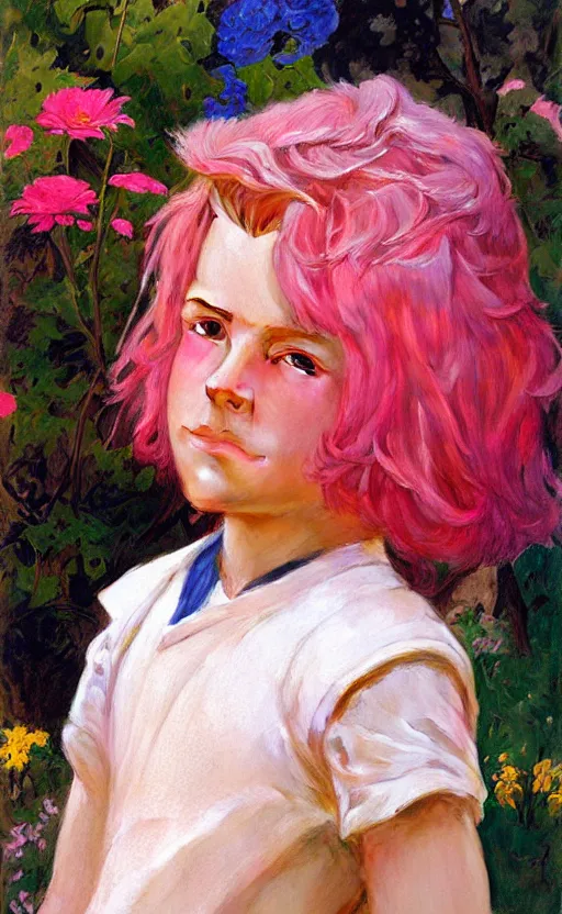 Image similar to androgynous cute pink haired teen boy wearing greek clothes, muted colors, colorful flowers, sunlight filtering through skin, j. c leyendecker, by alan lee, wlop! illustrated by starember, fantasy art by craig mullins cfg _ scale 8